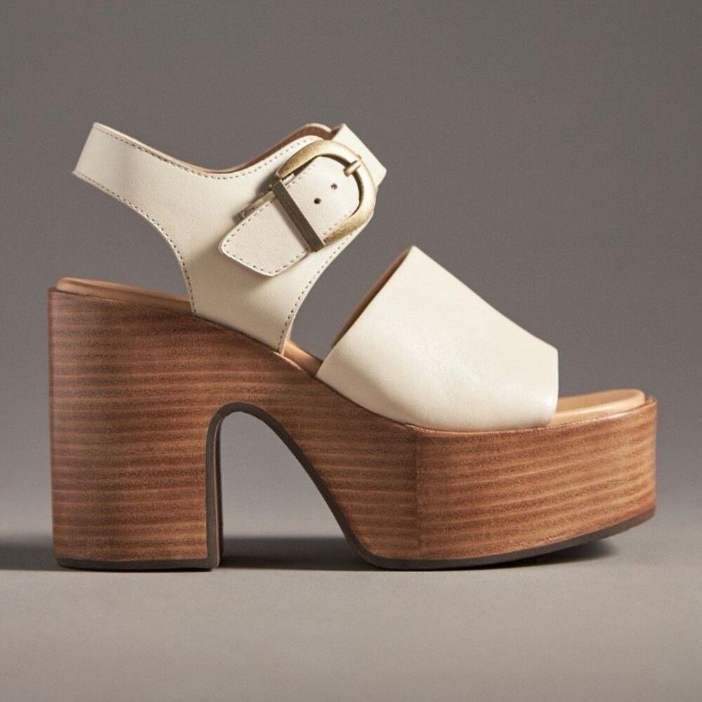 Anthropologie Cream Leather Platform Sandals with Wood-Effect Heel